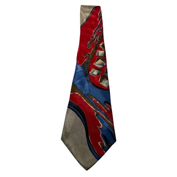 Johnny Carson Silk Tie Bold Abstract Red/Blue/Gold Geometric Design - Picture 1 of 3